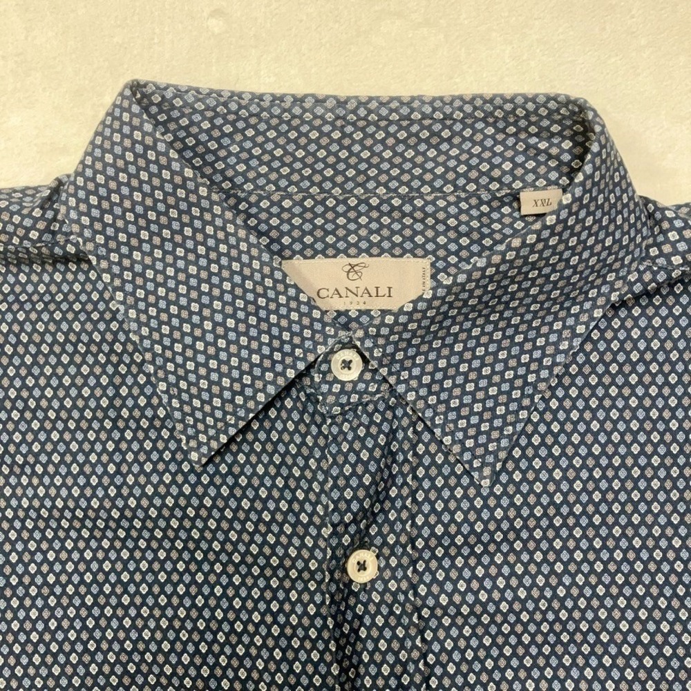 Canali Mens XXL 2XL Dress Shirt Long Sleeve Blue Geometric Print Made in‎ Italy